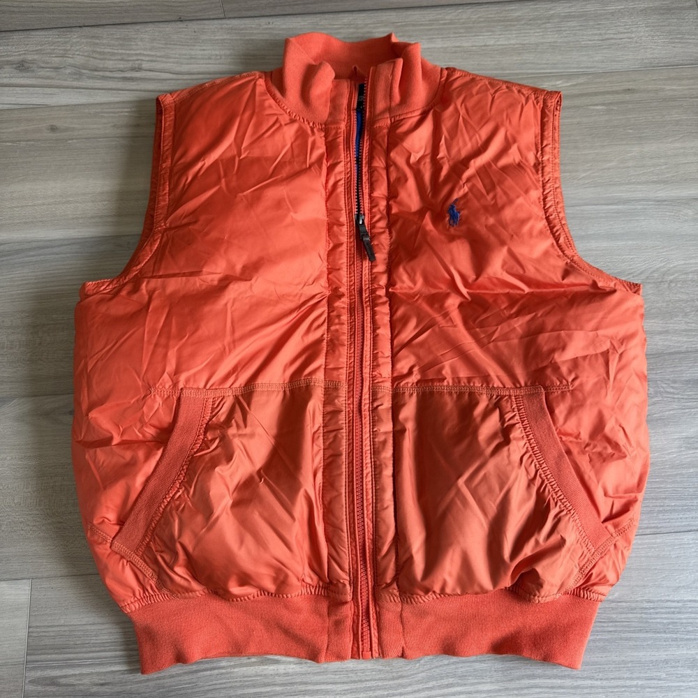 Vintage POLO RALPH LAUREN ORANGE DOWN PUFFER VEST MEN'S Size‎ Large Blue Pony